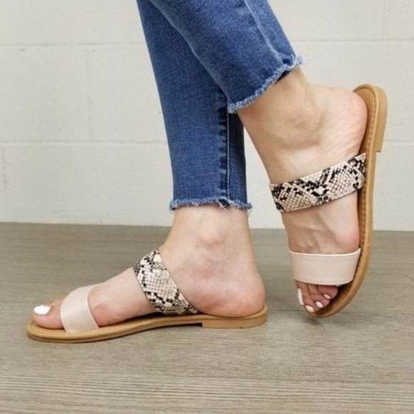 Nude Python Snake Print two Strap Flat Sandal - Picture 3 of 8